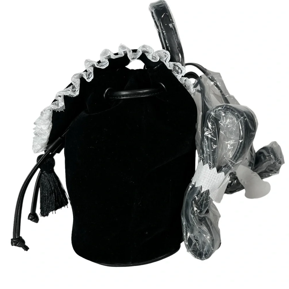 Dolls Kill Black Velvet Backpack White Embroidered Cross Drawstring Flap Bag - Picture 6 of 16